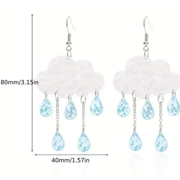 White Rain Clouds With Lt. Blue Dangle Raindrops 1.6" x 2.25" - Picture 5 of 7